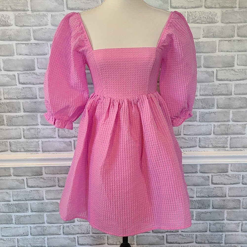 Lena Pink Smocked Babydoll Mini Dress Puff Sleeve Coquette Cottagecore Barbie S